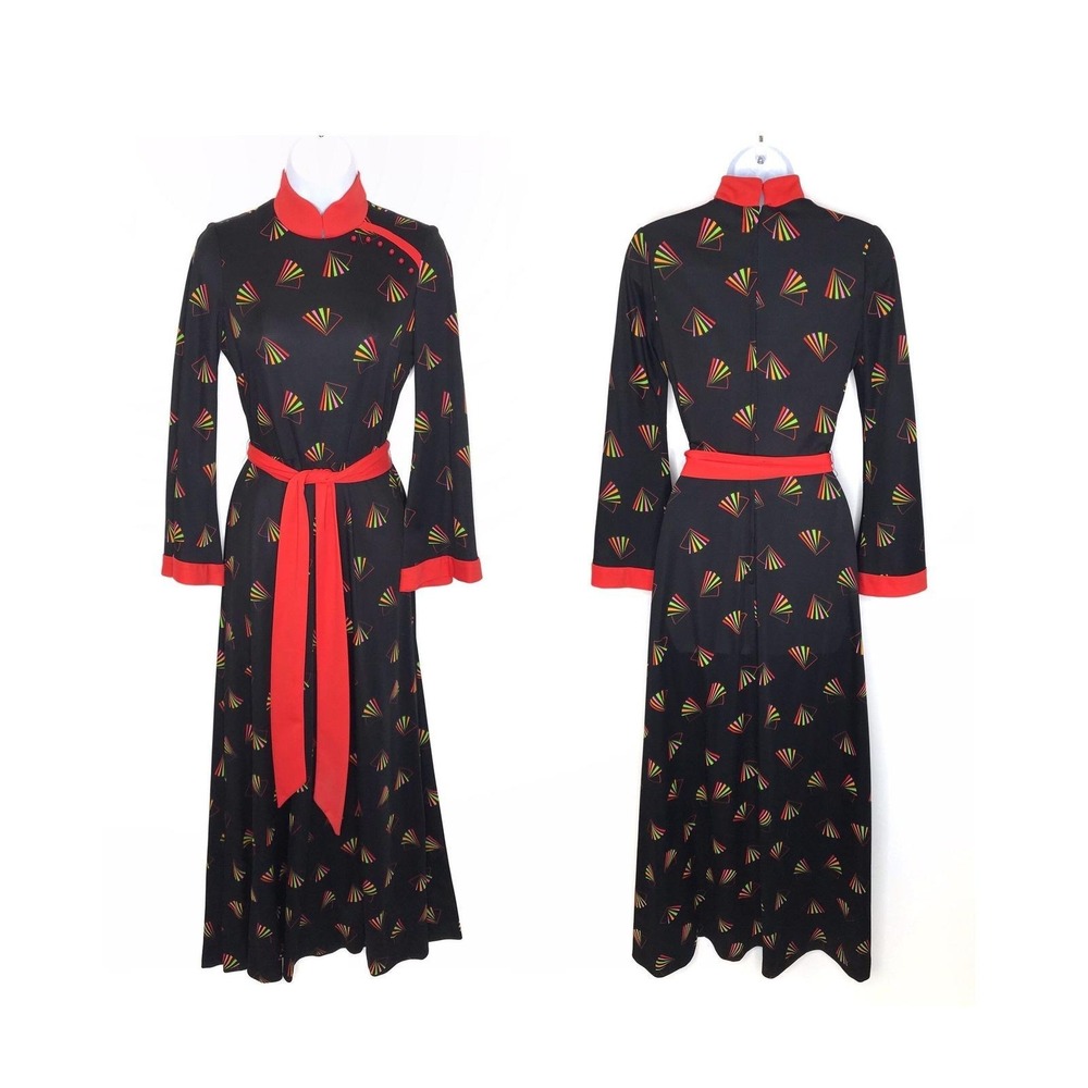 vintage‎ 1970s maxi dress kimono style Asian fan novelty print